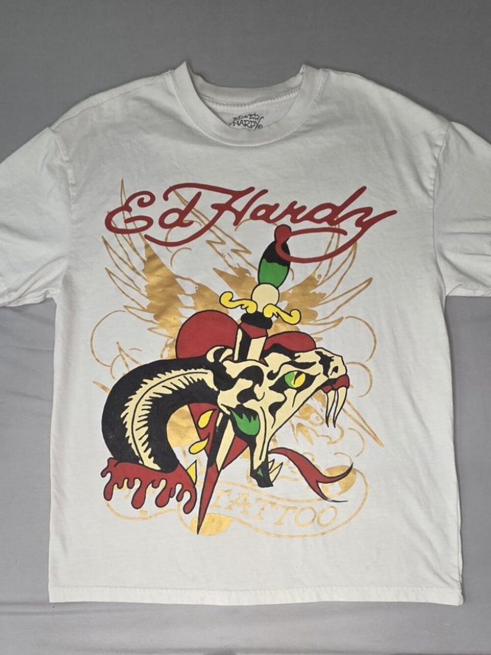 Ed Hardy M White Heart Dagger Snake TATTOO Graphic Tee